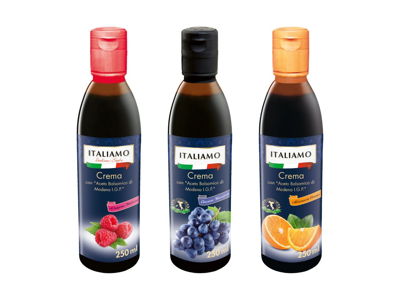 Tre bottiglie da 250 ml di aceto balsamico Italiamo Crema ai gusti lampone, uva e arancia.