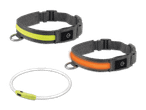 Zwei leuchtende Hundehalsbänder in Gelb und Orange, sowie ein leuchtender Schlauch.