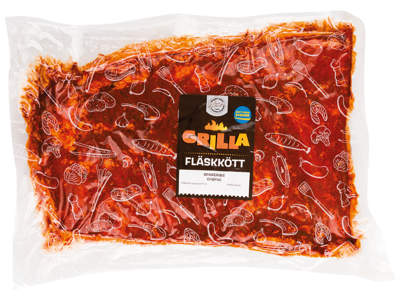 Grilla fläskkött, spareribs i marinad, förpackat i plastpåse med grilltema.