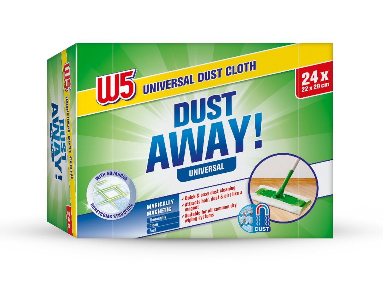 Kutija W5 Universal Dust Cloth s natpisom 'Dust Away!' i slikom krpe za prašinu.
