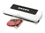 A white and black vacuum sealer machine with a piece of meat in a bag.