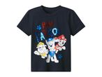 A navy blue Paw Patrol t-shirt for kids features sequin lettering and character graphics.