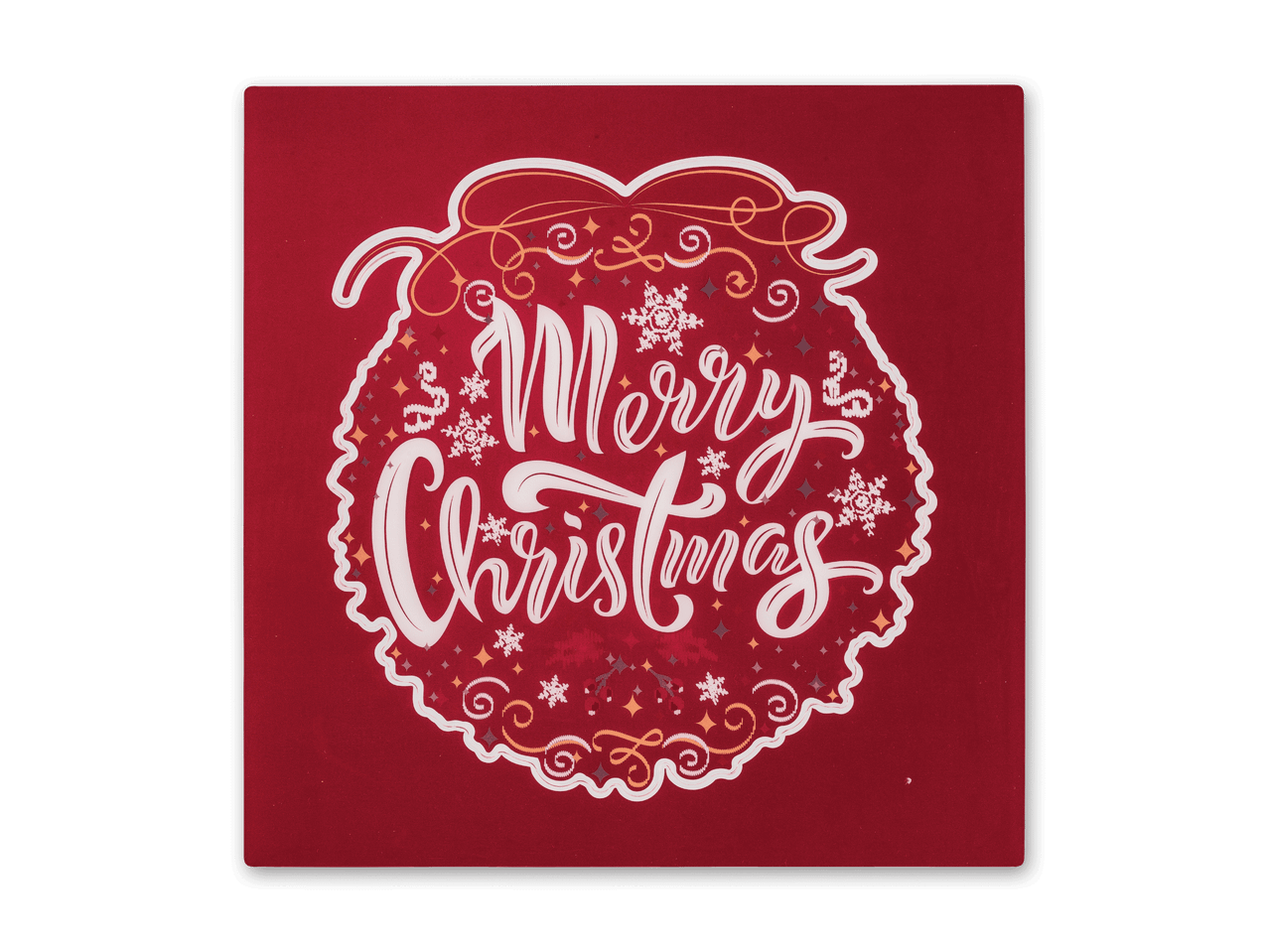 Rotes Weihnachtsschild mit weißer Aufschrift „Merry Christmas“ und Schneeflocken.