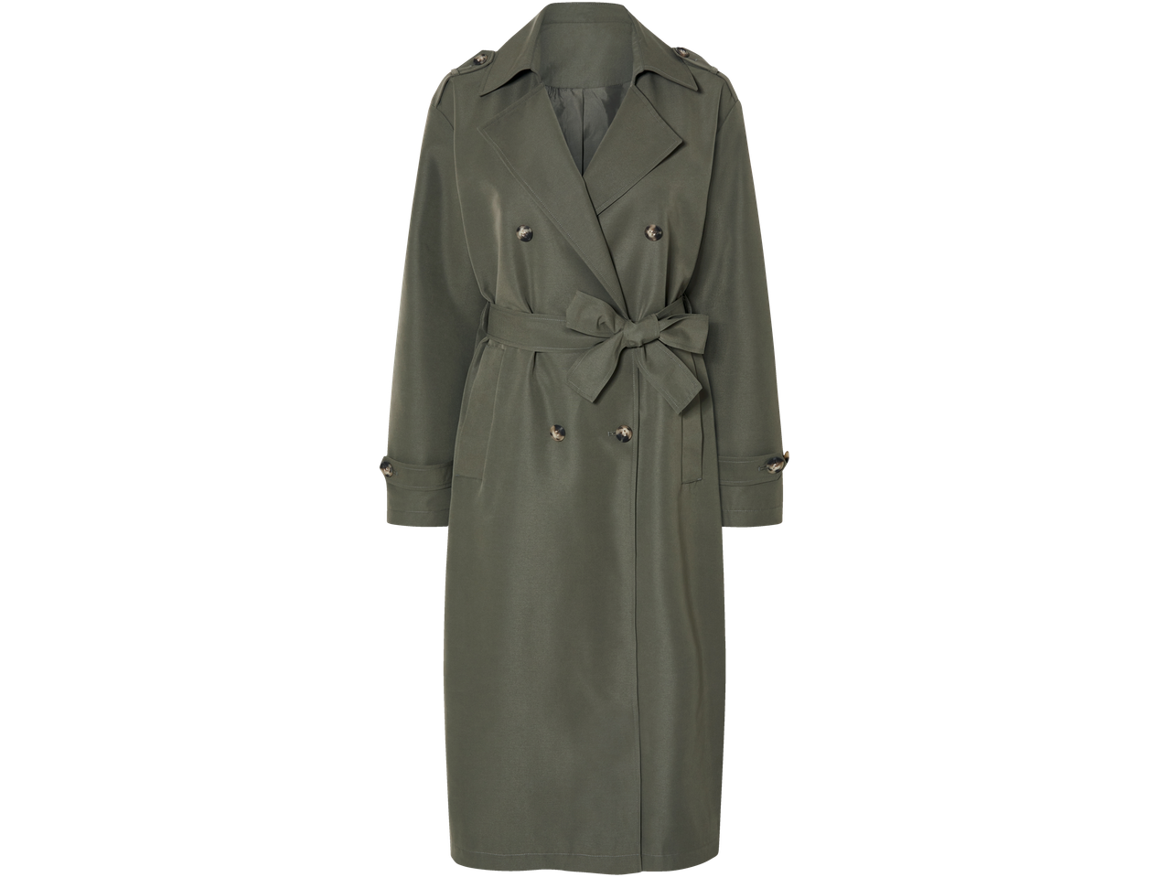 Groene getailleerde double-breasted trenchcoat.