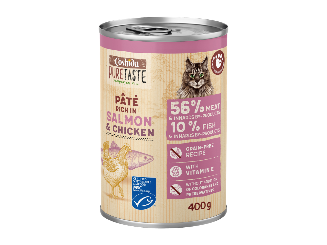 Coshida Pure Taste nedves macskaeledel lazaccal és csirkével, 400g-os konzerv.