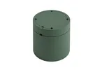 Cylindrical, dark green container.
