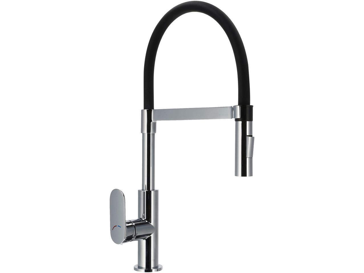Chrome kitchen faucet with a black flexible hose and single lever handle.