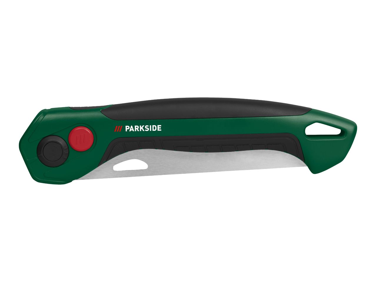 Green and black folding saw with a red button and a silver blade