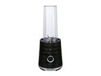 Black personal blender with a clear plastic bottle and a textured base