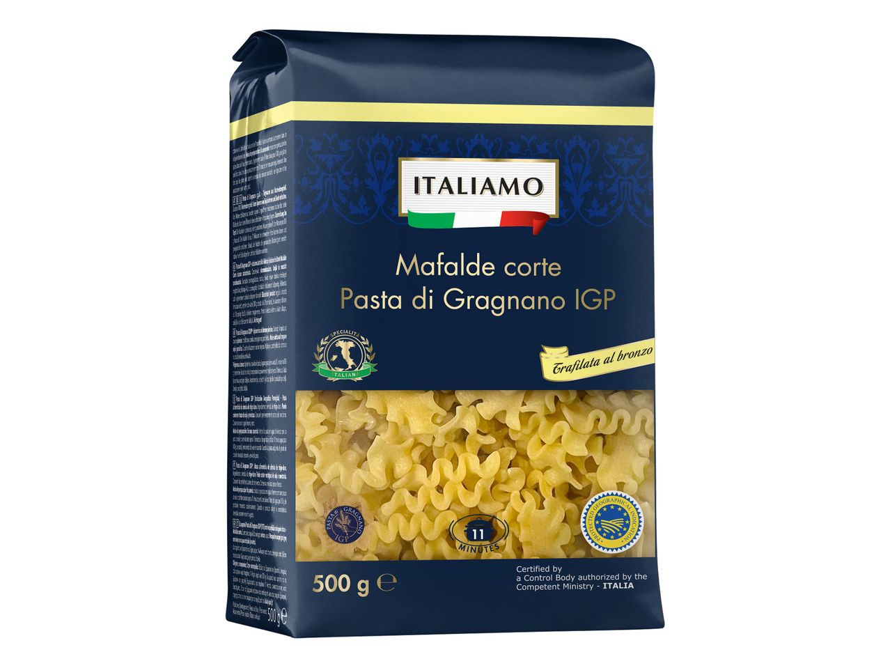 Sac de 500g de pâtes Mafalde corte Italamo IGP, bronze, Gragnano.