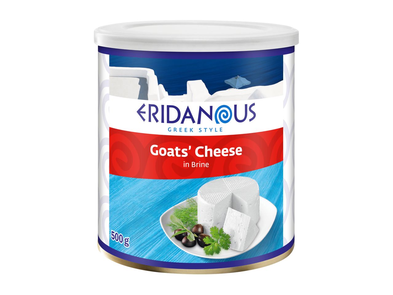 Eridanus Greek style Goats' Cheese in brine, 500g can.