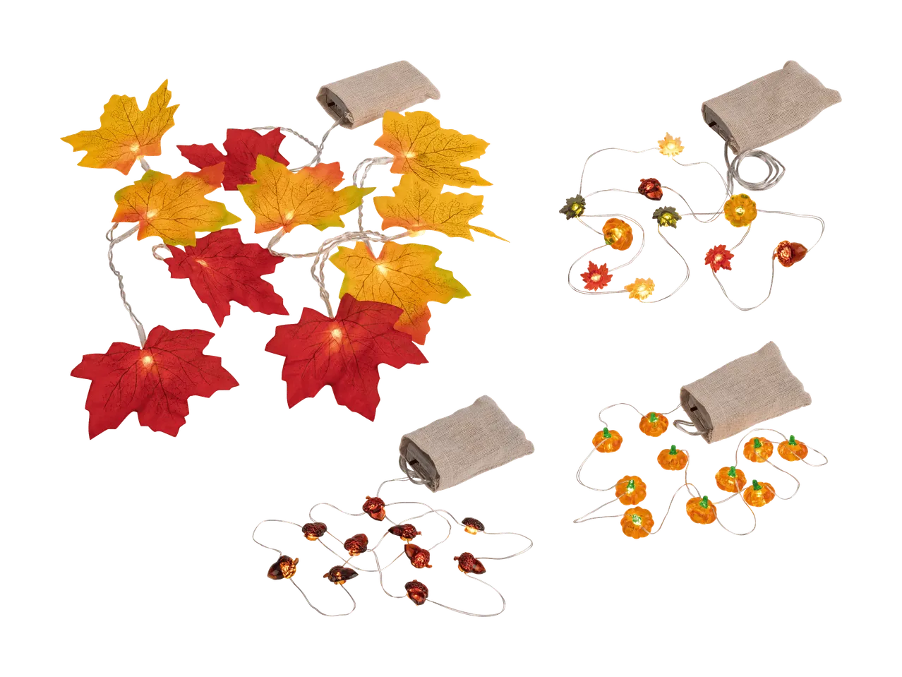 Vier Sets herbstlicher Lichterketten, darunter Ahornblätter, Eicheln und Kürbisse.