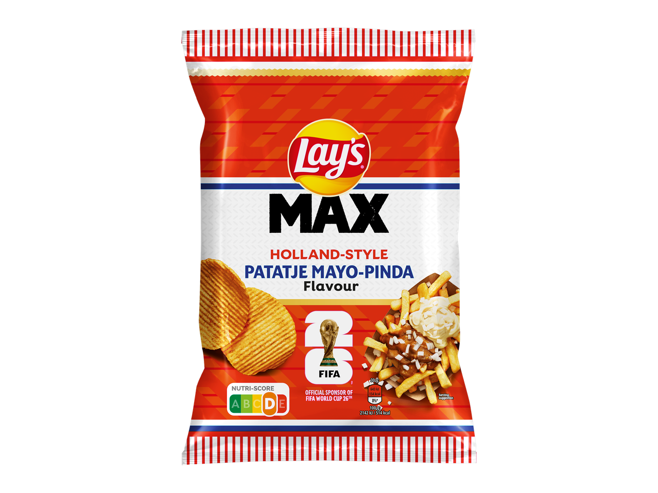 Zak chips met Holland-Style Patatje Mayo-Pinda smaak, Nutri-Score D, en FIFA World Cup 26 sponsorlogo.