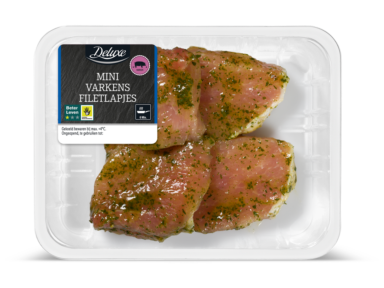 Verpakking met gemarineerde mini varkensfiletlapjes, met keurmerk voor dierenwelzijn en bereidingsinstructies.
