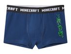 Blue boys' boxers with a black waistband featuring white text and green pixelated creeper graphics.