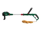 Green electric pole pruner with an orange power cord on a white background.