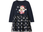 Tamsiai mėlyna suknelė su kalėdine Minnie Mouse ir sidabrinėmis snaigėmis.