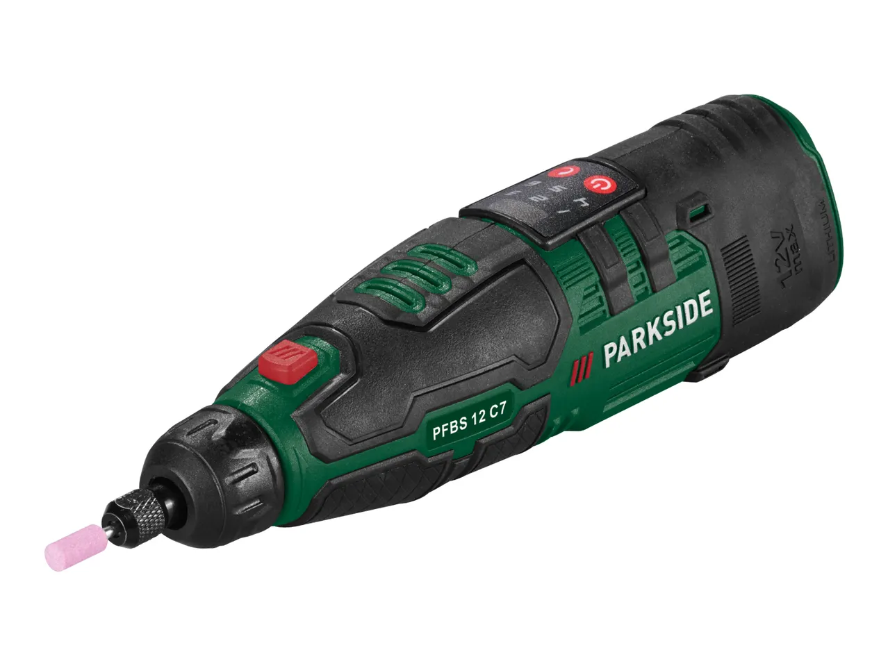 Cordless rotary tool with a pink grinding stone, featuring speed settings and a power button.