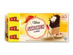 XXL vaniljeis sandwich med vaffel og kakaoglasur, 10 stk., på en strandbaggrund.