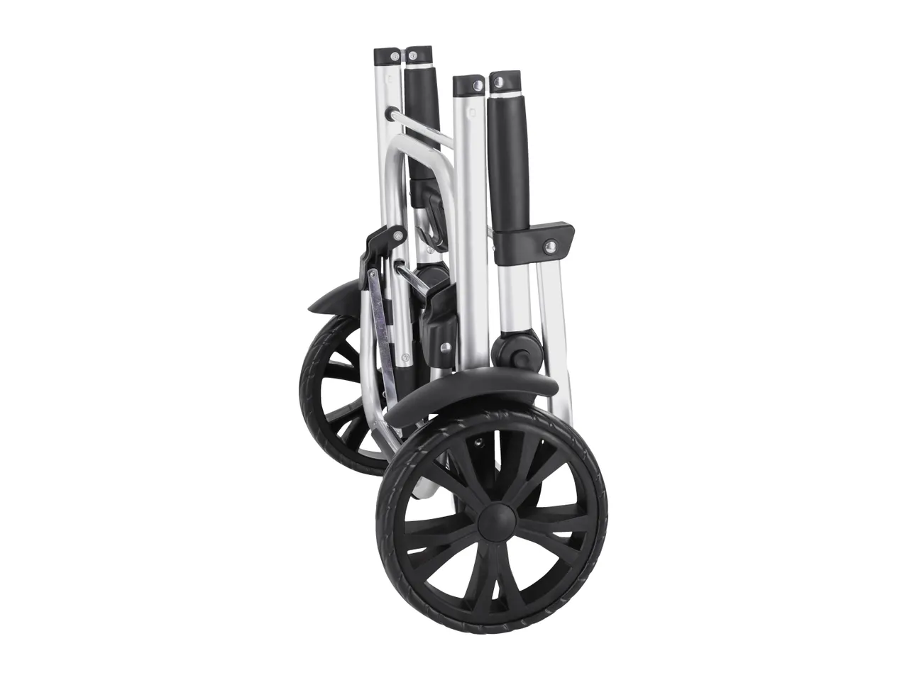 A silver and black foldable hand truck with large wheels.