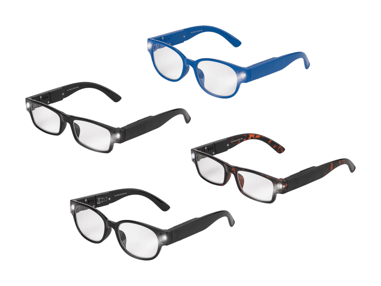 Quatre paires de lunettes de lecture avec lumières LED intégrées de différentes couleurs.