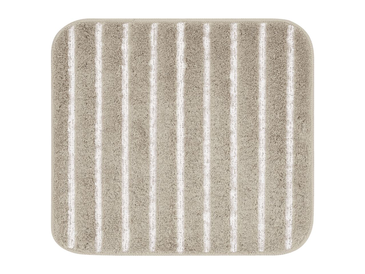 Rectangular beige bath mat with vertical white stripes and rounded corners.