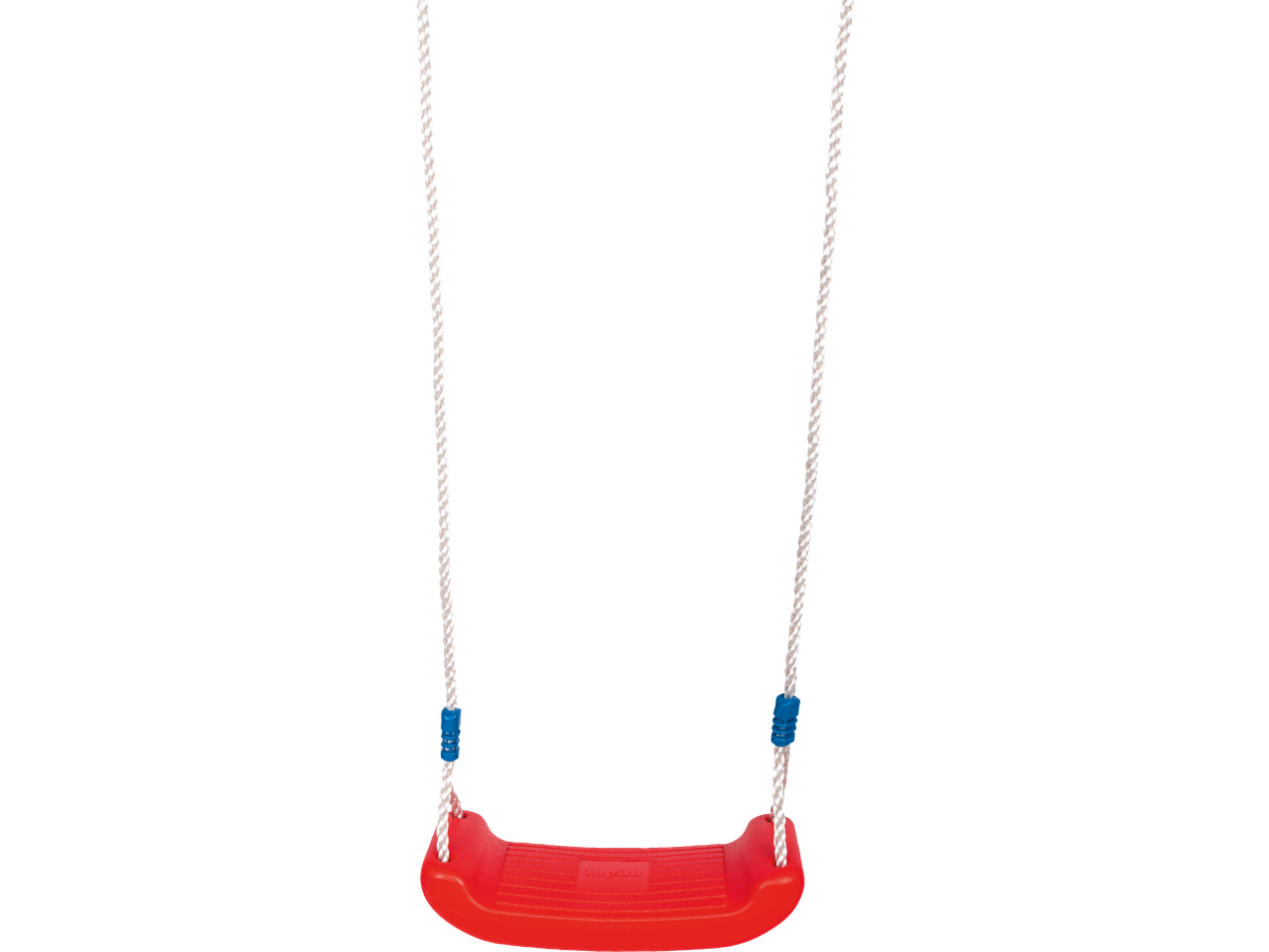 Red swing with white ropes and blue adjusters on a black background.