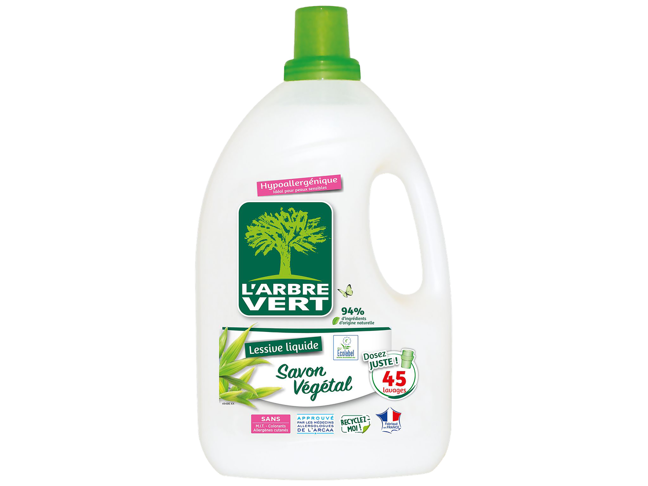 Bouteille de lessive liquide L'ARBRE VERT, hypoallergénique, au savon végétal, 45 lavages.
