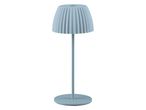 Light blue floor lamp with a pleated shade and round base.