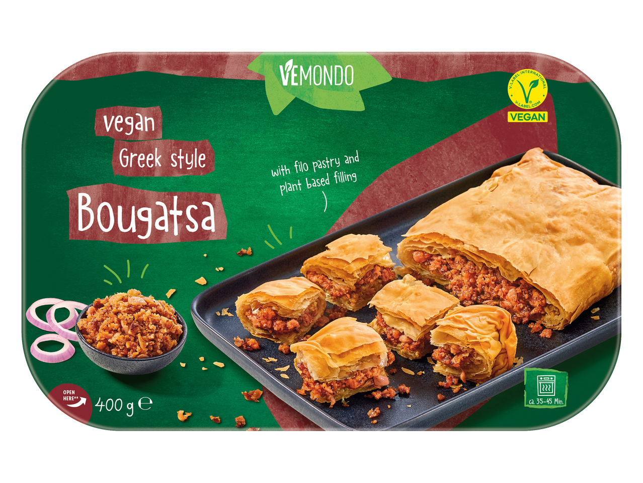 Bougatsa vegană grecească Vemondo, cu foi de filo și umplutură vegetală.
