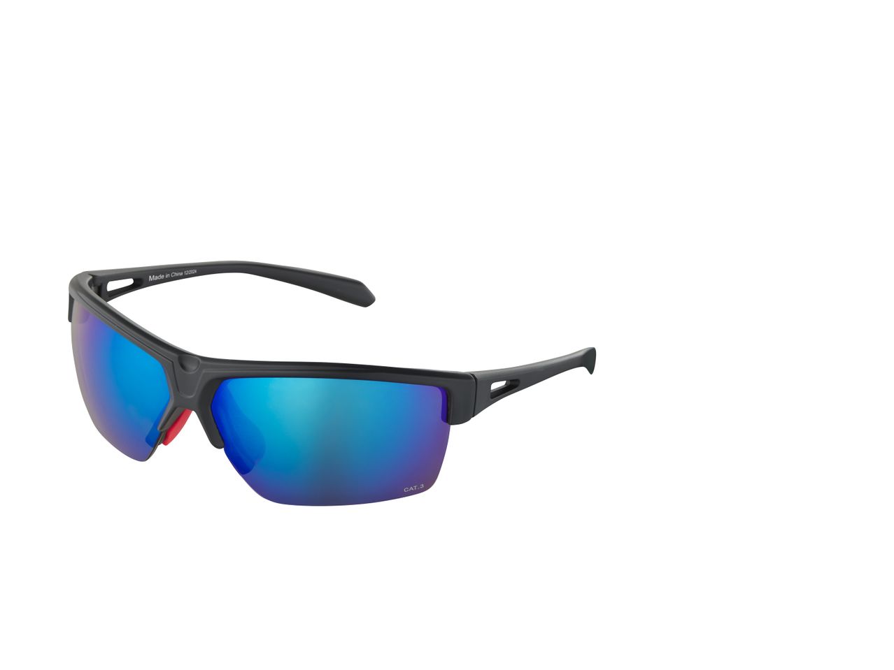 A pair of black sunglasses with blue mirrored lenses.