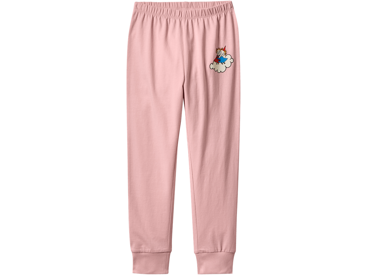 Rosa Muminpyjamas med seriefigur på ett moln.