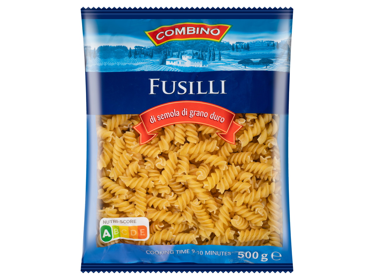 Combino Fusilli durumbúza tészta, 500g, Nutri-Score A jelöléssel.