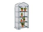 A small, portable greenhouse with four shelves holding potted herbs, against a white background.
