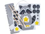 DIY raccoon lantern craft kit with paper cutouts, wooden sticks, and wire handle.
