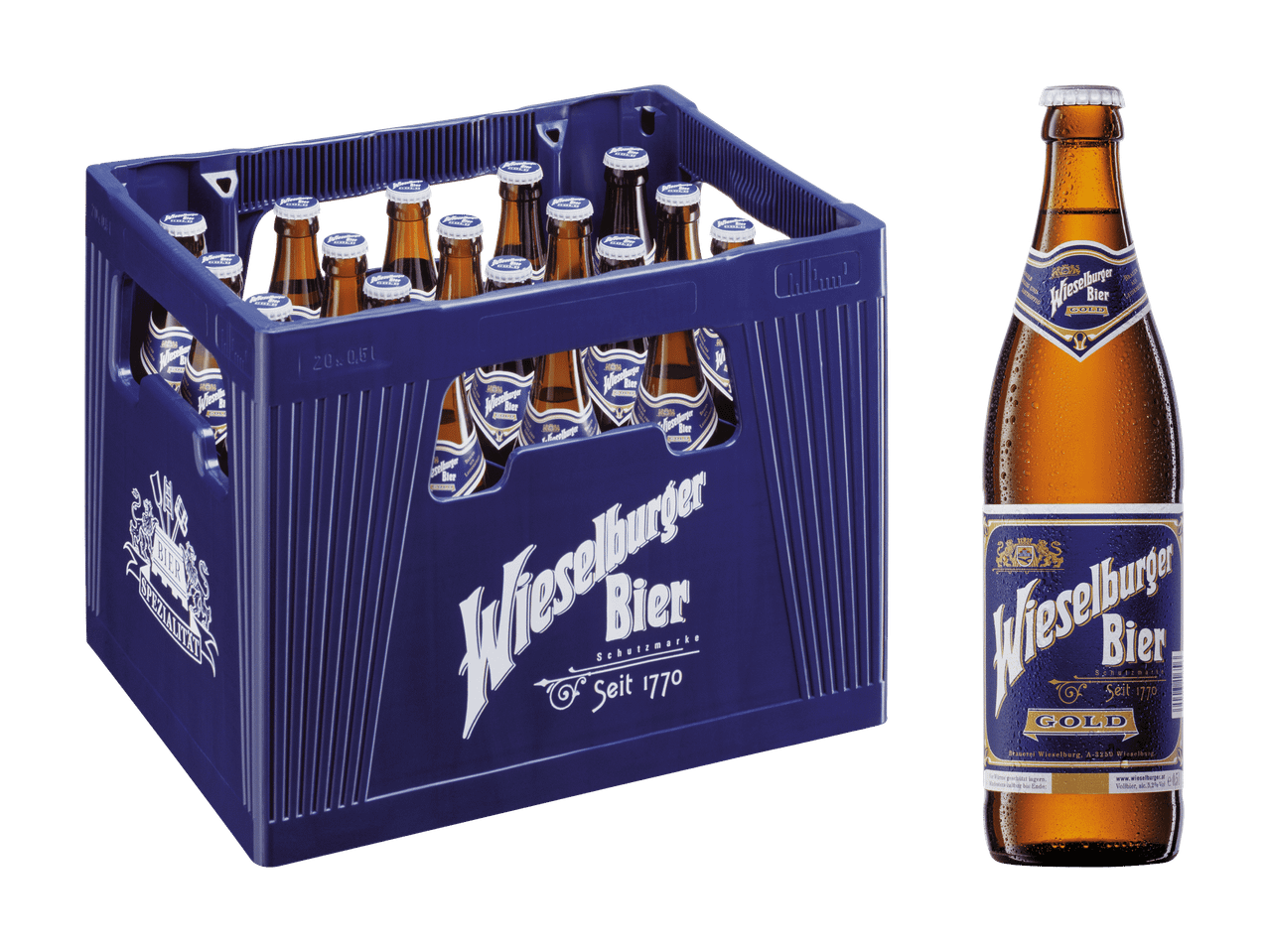 Ein Kasten mit 20 Flaschen Bier und eine einzelne Flasche Bier, beide mit goldener Aufschrift.