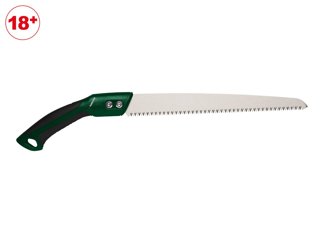 Green and black pruning saw with a white blade, featuring an '18+' age restriction symbol.