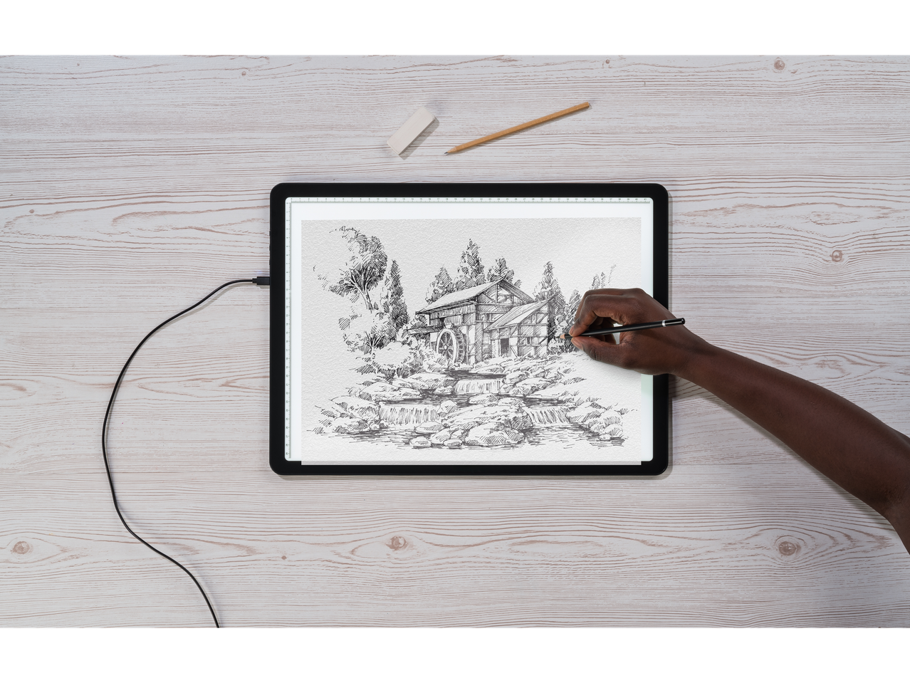 CRELANDO Tavoletta luminosa LED A3: Ruka crta na svetlećoj tabli.