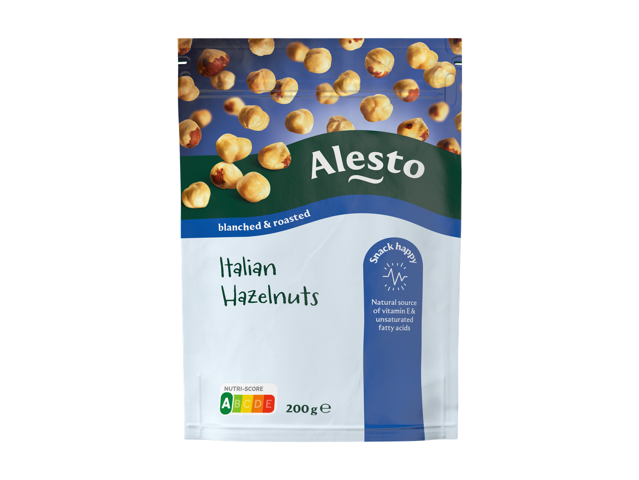 Alesto Italiaanse Hazelnoten, geblancheerd & geroosterd, 200g verpakking met Nutri-score A