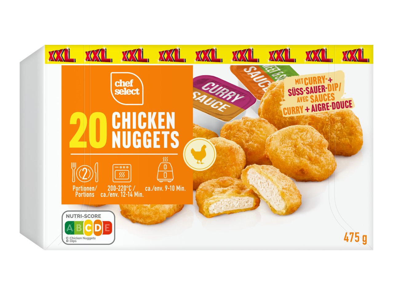 20 chicken nuggets with curry and sweet and sour dips, XXL size, 475g.