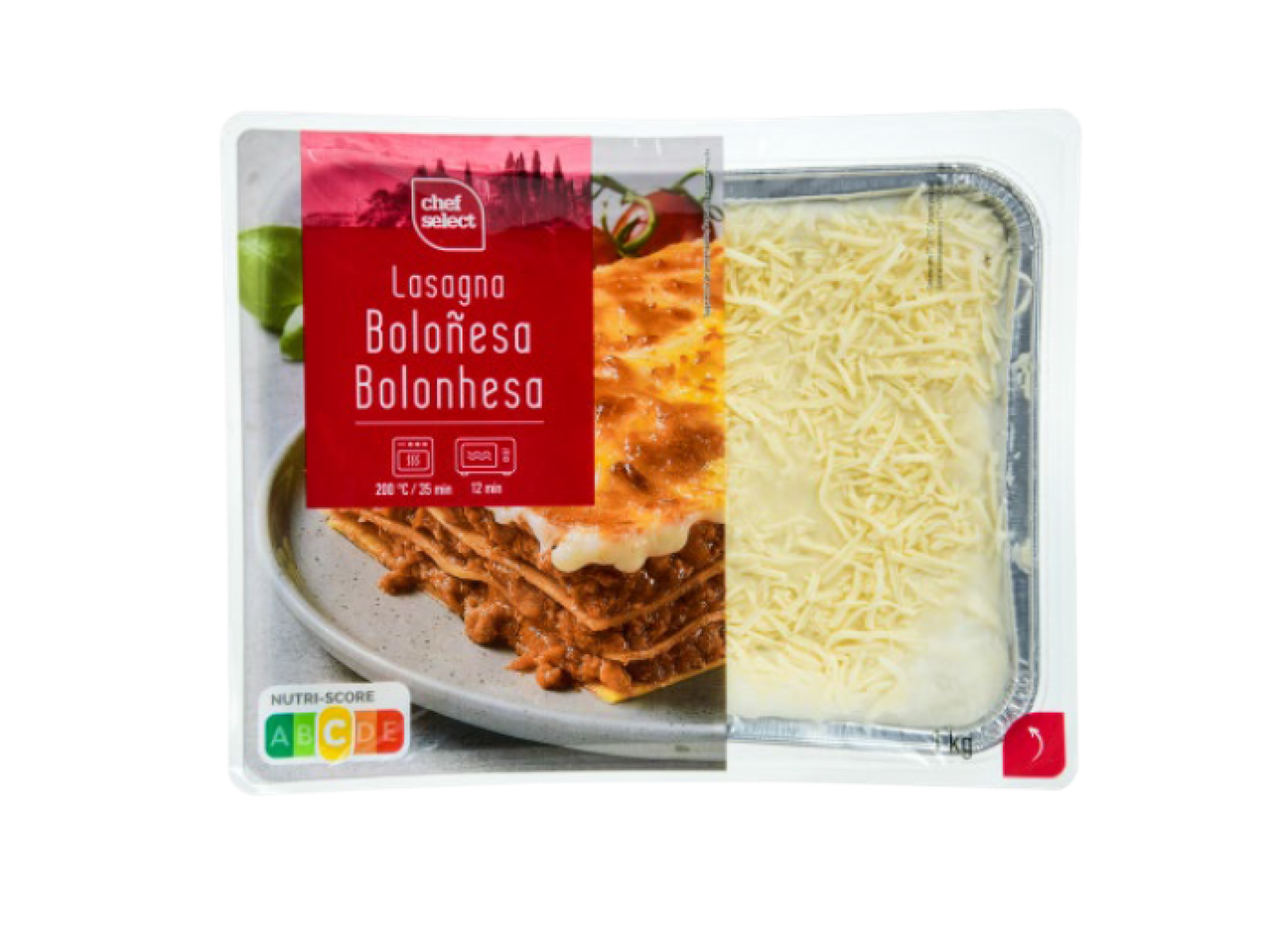 Embalagem de lasanha à bolonhesa com queijo ralado, com instruções de preparação e Nutri-Score.