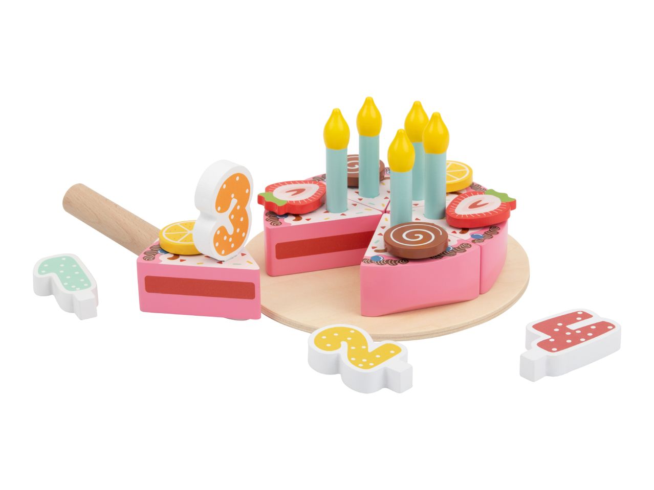 Wooden toy birthday cake with candles, fruit toppings, and number pieces 1, 2, 3, 4.