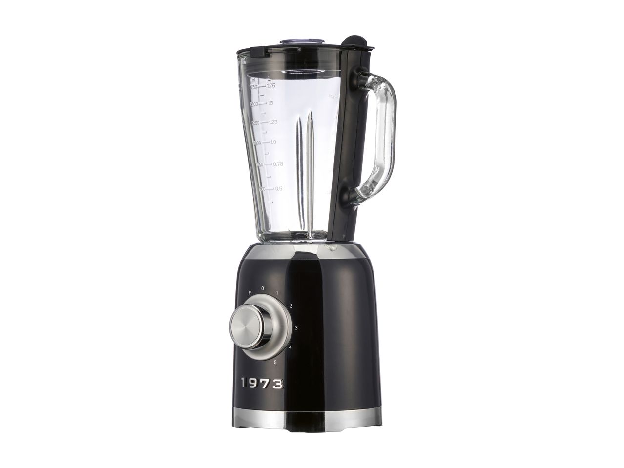 Black and chrome blender with a glass jar, speed dial, and '1973' branding