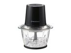 Food chopper with a black motor unit and a glass bowl filled with ice cubes.