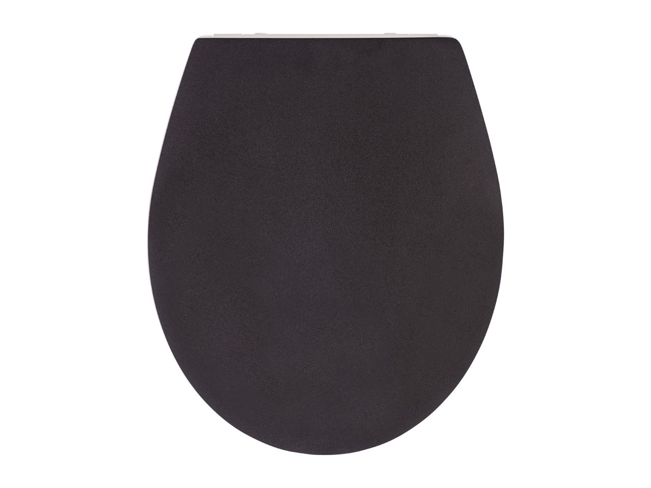 A dark gray toilet seat, top view.