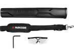 PARKSIDE® 20V Cordless Extendable Hedge Trimmer accessories: handle, strap, hex key, safety glasses.