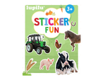 Knjiga naljepnica s temom farme, prikazuje traktor, konja, kravu, svinju, pijetla i povrće.