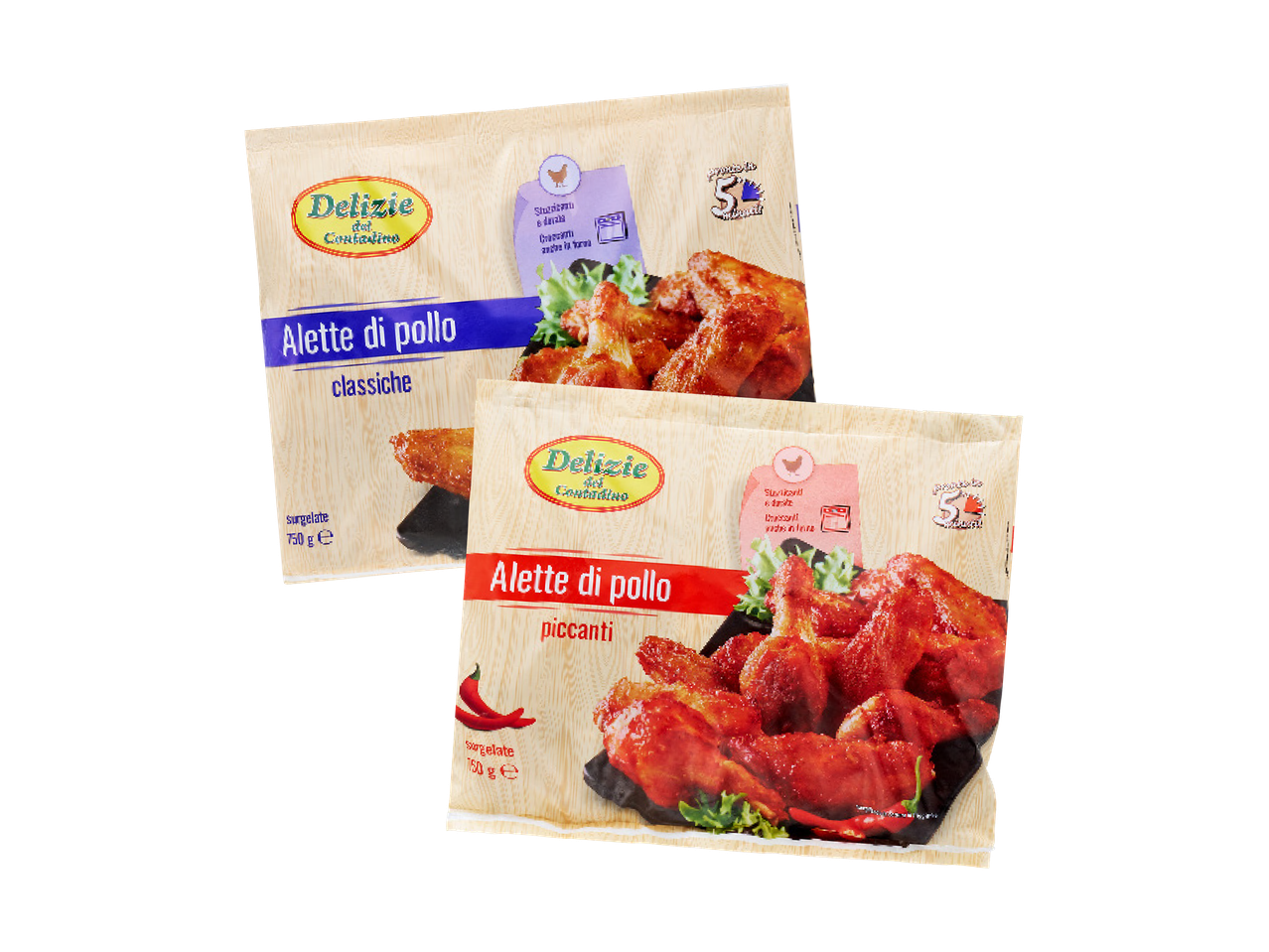 Due confezioni di alette di pollo Delizie del Contadino, una classica e una piccante.