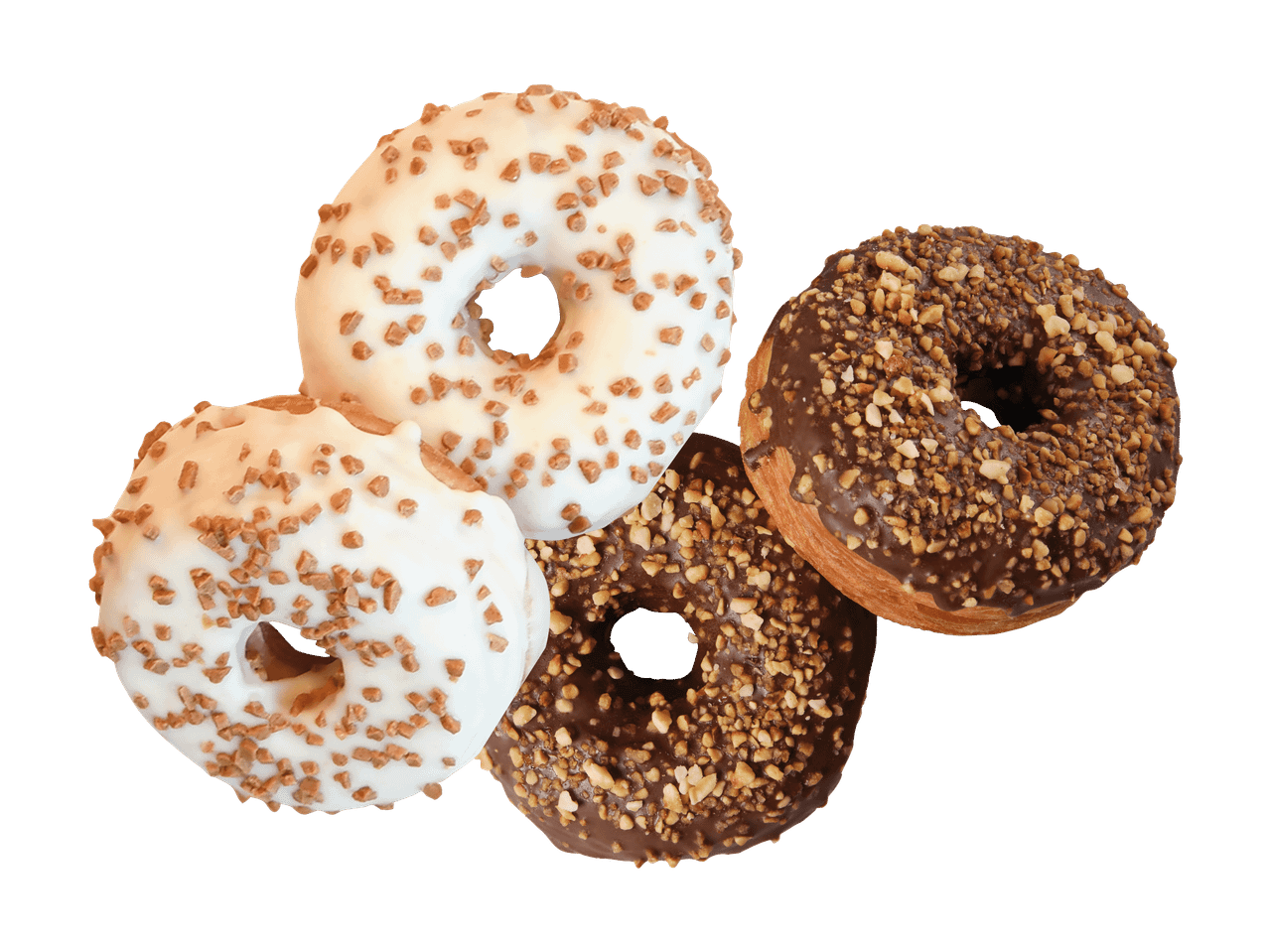 Vier Donuts mit weißer und dunkler Schokoladen-Glasur und Nussstreuseln schweben vor schwarzem Hintergrund.