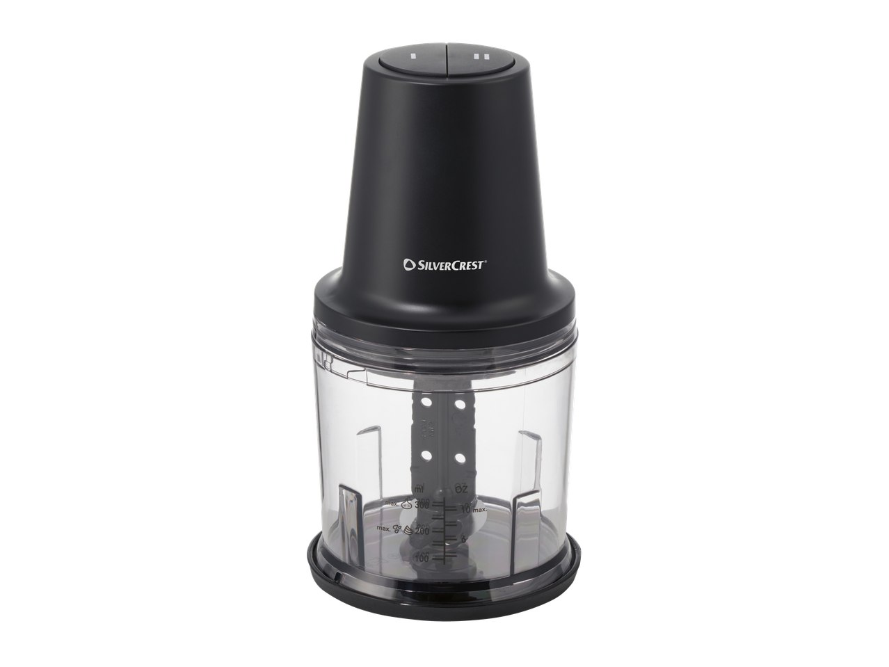 Silvercrest® multifunkcionalni secko sa crnim motorom i providnom posudom sa mernim oznakama.